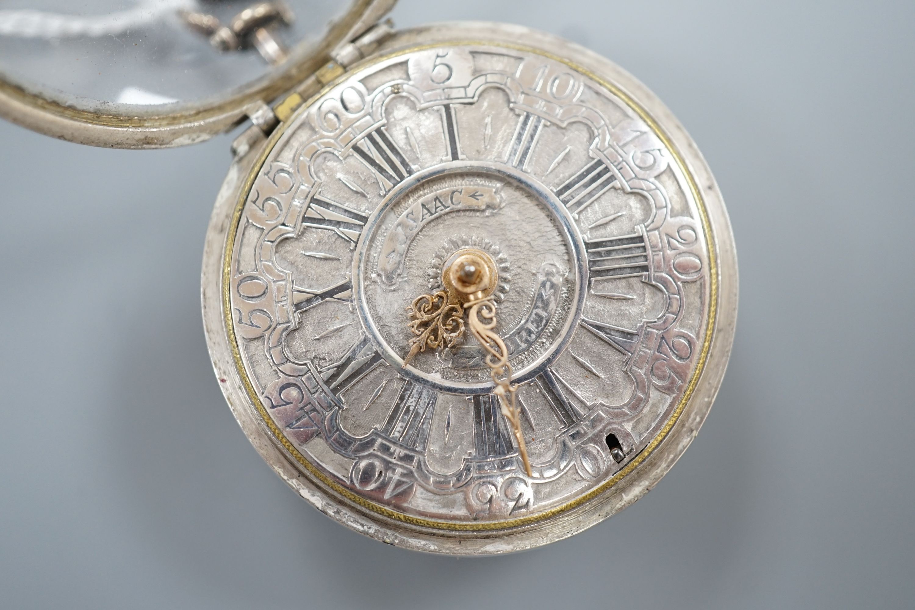 An 18th century white metal pair cased keywind verge pocket watch, by Isaac Soret, cased diameter 51mm